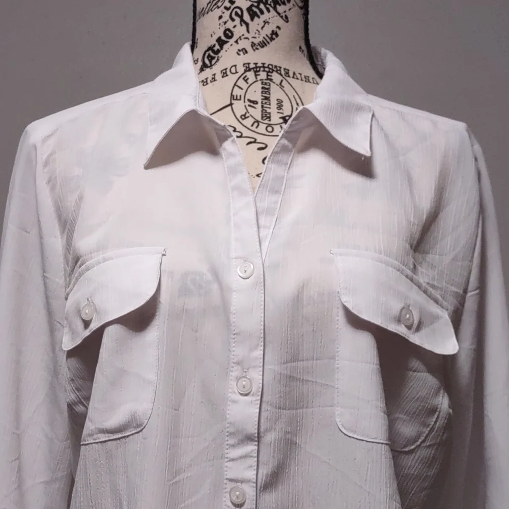 Notations White Collared Long Sleeve Tops Size L Roll Tab 100% Polyester - Picture 6 of 15